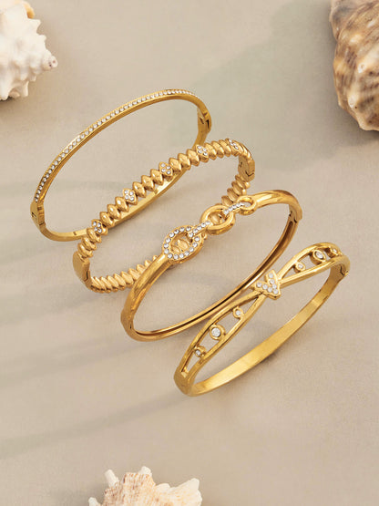 316L Stainless Steel 18K Gold PVD Zircon Bangle - European Bowknot Lock Twisted Design Zircon Gold Band Minimalist Wholesale Stainless Steel Jewelry - Sensitive Skin Friendly - Detail 1