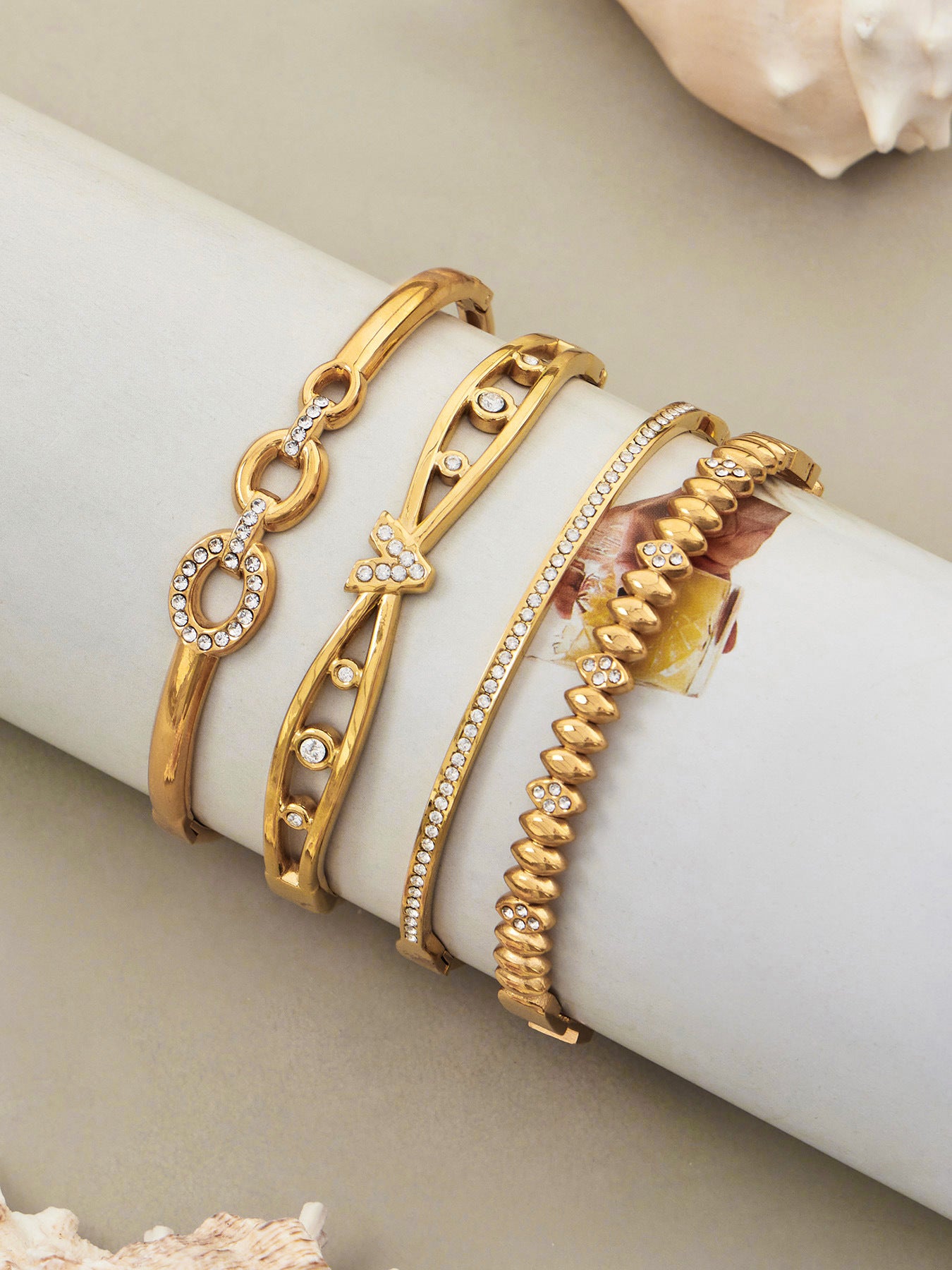 316L Stainless Steel 18K Gold PVD Zircon Bangle - European Bowknot Lock Twisted Design Zircon Gold Band Minimalist Wholesale Stainless Steel Jewelry - Sensitive Skin Friendly - Detail 10