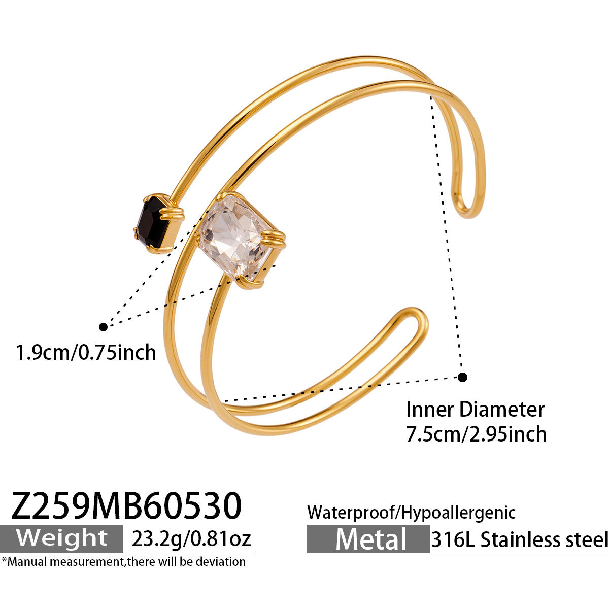 316L Stainless Steel 18K Gold PVD Zircon Bangle - Elegant Zircon Bangle Wholesale Stainless Steel Jewelry - Sensitive Skin Friendly - Detail 12