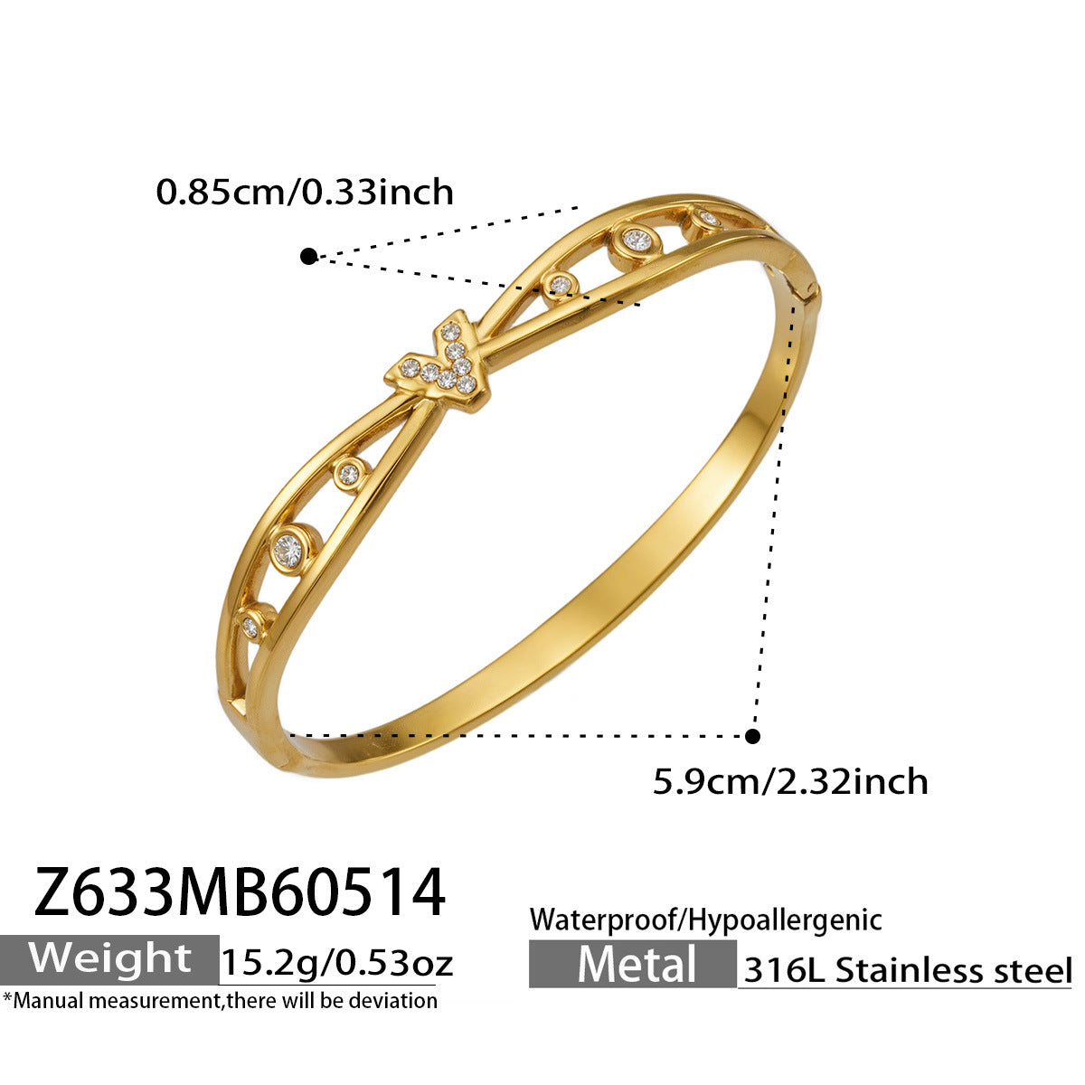 316L Stainless Steel 18K Gold PVD Zircon Bangle - European Bowknot Lock Twisted Design Zircon Gold Band Minimalist Wholesale Stainless Steel Jewelry - Sensitive Skin Friendly - Detail 14