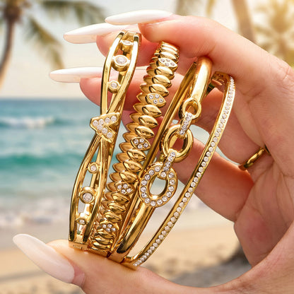 316L Stainless Steel 18K Gold PVD Zircon Bangle - European Bowknot Lock Twisted Design Zircon Gold Band Minimalist Wholesale Stainless Steel Jewelry - Sensitive Skin Friendly - Detail 2