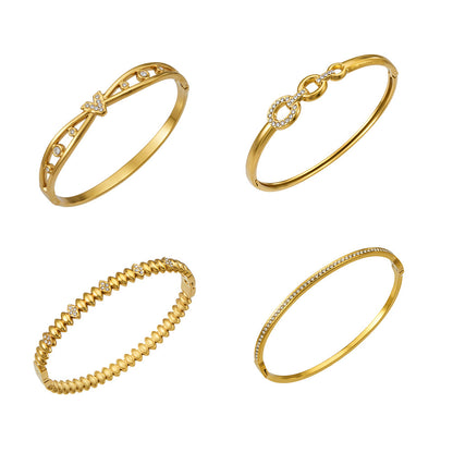 Lock and bowknot zircon bangle set in 316L stainless steel 18K gold plated, waterproof wholesale bracelet
