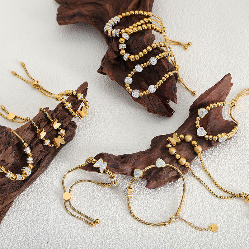 316L Stainless Steel 18K Gold PVD Zircon Beaded Bracelet - Zircon, Beaded, Delicate Chain, Modern, Minimalist Wholesale Stainless Steel Jewelry - Sensitive Skin Friendly - Detail 17