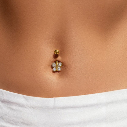 Minimal gold belly button ring on model with smooth polished finish, 316L stainless steel navel ring