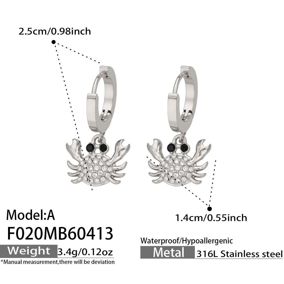 316L Stainless Steel 18K Gold PVD Zircon Crab Huggie Earrings - Crab, Zircon, Huggie, Minimalist Wholesale Stainless Steel Jewelry - Sensitive Skin Friendly - Detail 1