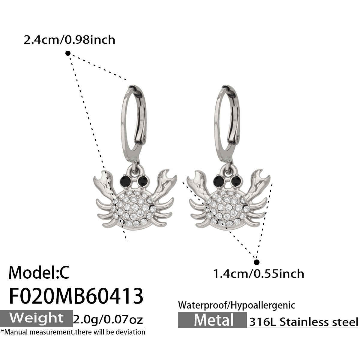 316L Stainless Steel 18K Gold PVD Zircon Crab Huggie Earrings - Crab, Zircon, Huggie, Minimalist Wholesale Stainless Steel Jewelry - Sensitive Skin Friendly - Detail 14