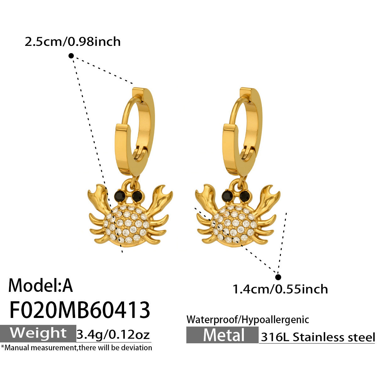316L Stainless Steel 18K Gold PVD Zircon Crab Huggie Earrings - Crab, Zircon, Huggie, Minimalist Wholesale Stainless Steel Jewelry - Sensitive Skin Friendly - Detail 6