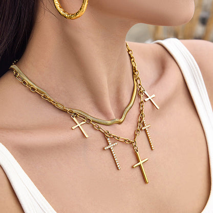 316L Stainless Steel 18K Gold PVD Zircon Cross Pendant Necklace - Vintage Gold Band Zircon Cross Wholesale Stainless Steel Jewelry - Sensitive Skin Friendly - Detail 10