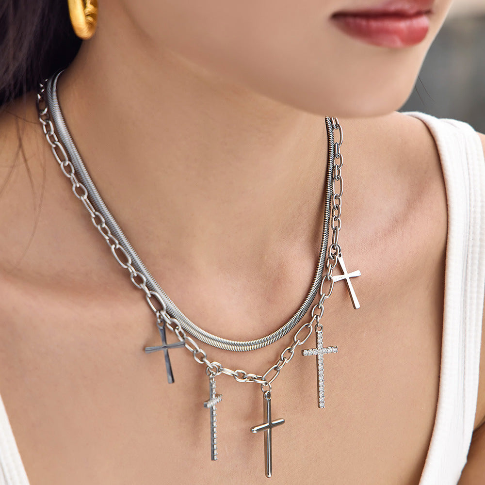 316L Stainless Steel 18K Gold PVD Zircon Cross Pendant Necklace - Vintage Gold Band Zircon Cross Wholesale Stainless Steel Jewelry - Sensitive Skin Friendly - Detail 11