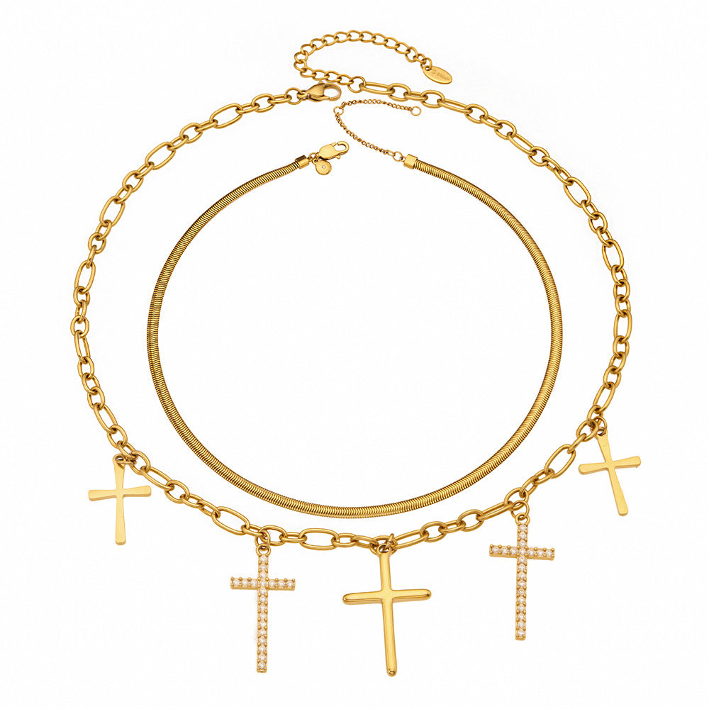 316L Stainless Steel 18K Gold PVD Zircon Cross Pendant Necklace - Vintage Gold Band Zircon Cross Wholesale Stainless Steel Jewelry - Sensitive Skin Friendly - Detail 2