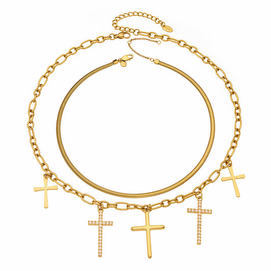 316L Stainless Steel 18K Gold PVD Zircon Cross Pendant Necklace - Vintage Gold Band Zircon Cross Wholesale Stainless Steel Jewelry - Sensitive Skin Friendly - Detail 2