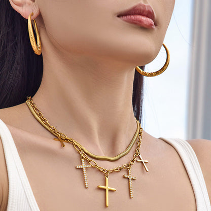 316L Stainless Steel 18K Gold PVD Zircon Cross Pendant Necklace - Vintage Gold Band Zircon Cross Wholesale Stainless Steel Jewelry - Sensitive Skin Friendly - Detail 3