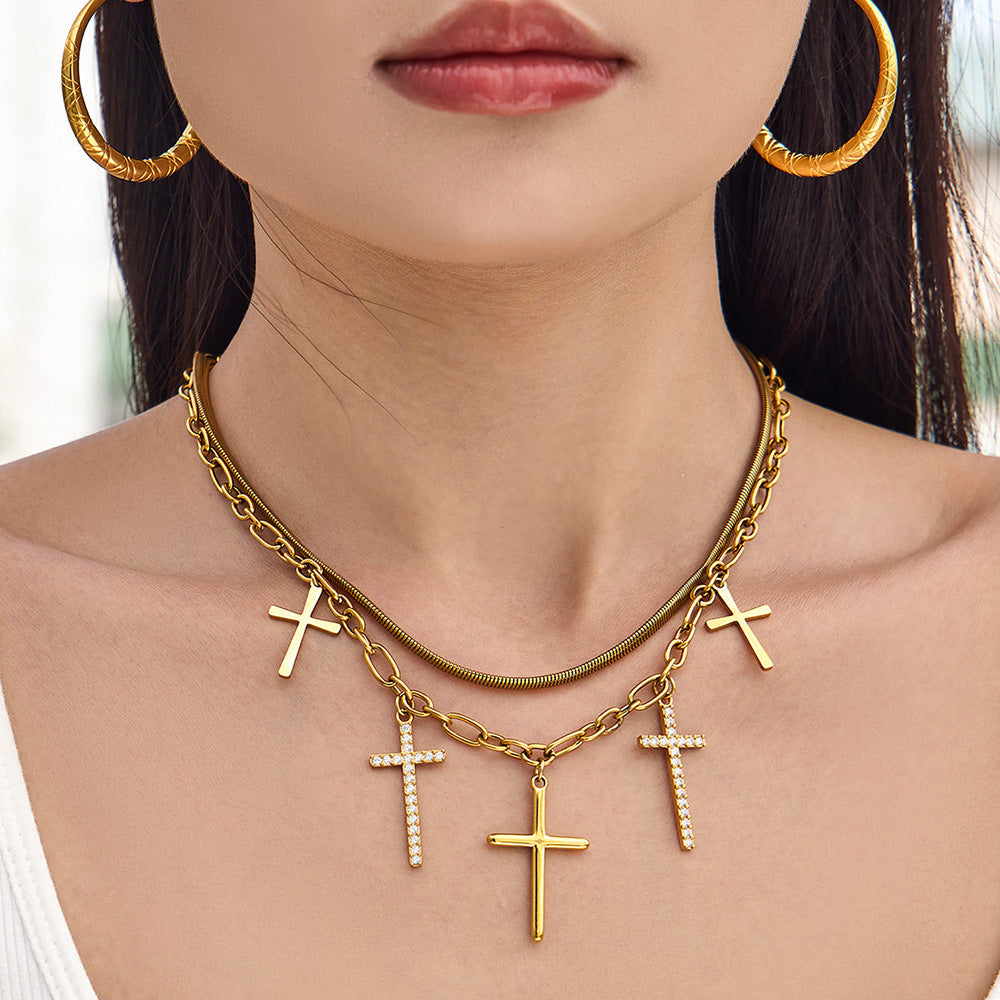 316L Stainless Steel 18K Gold PVD Zircon Cross Pendant Necklace - Vintage Gold Band Zircon Cross Wholesale Stainless Steel Jewelry - Sensitive Skin Friendly - Detail 4