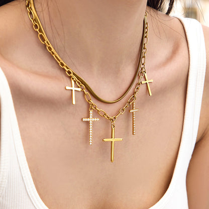 316L Stainless Steel 18K Gold PVD Zircon Cross Pendant Necklace - Vintage Gold Band Zircon Cross Wholesale Stainless Steel Jewelry - Sensitive Skin Friendly - Detail 5