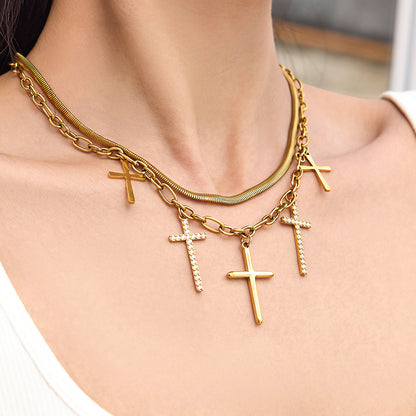316L Stainless Steel 18K Gold PVD Zircon Cross Pendant Necklace - Vintage Gold Band Zircon Cross Wholesale Stainless Steel Jewelry - Sensitive Skin Friendly - Detail 8