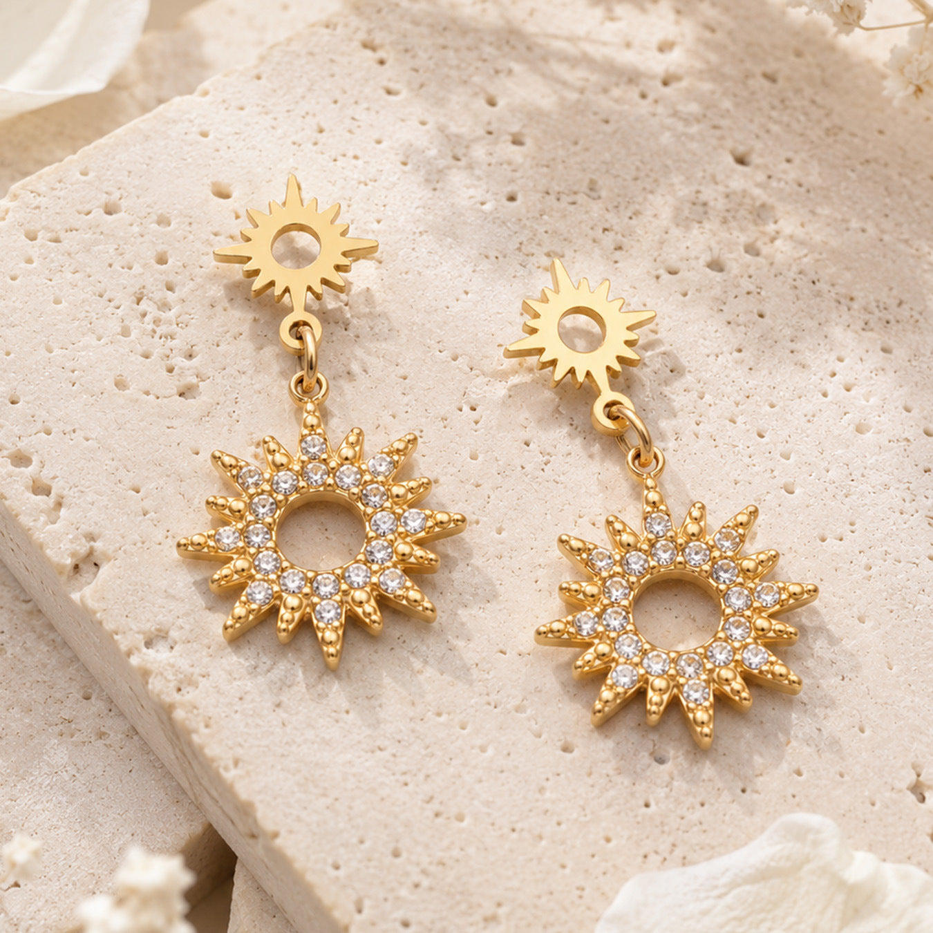 316L Stainless Steel 18K Gold PVD Zircon Dangle Earrings - Zircon Dangle Earrings, Elegant Design Wholesale Stainless Steel Jewelry - Sensitive Skin Friendly - Detail 5