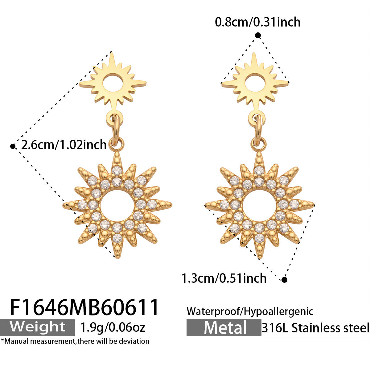 316L Stainless Steel 18K Gold PVD Zircon Dangle Earrings - Zircon Dangle Earrings, Elegant Design Wholesale Stainless Steel Jewelry - Sensitive Skin Friendly - Detail 8