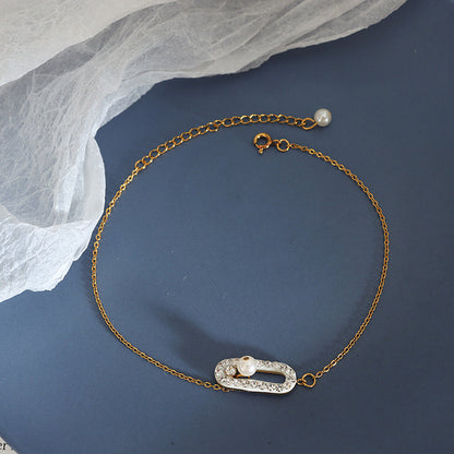 316L Stainless Steel 18K Gold PVD Zircon Faux Pearl Inlaid Light Luxury Anklet - Zircon Faux Pearl Inlaid, Light Luxury, Minimalist Wholesale Stainless Steel Jewelry - Sensitive Skin Friendly - Detail 1
