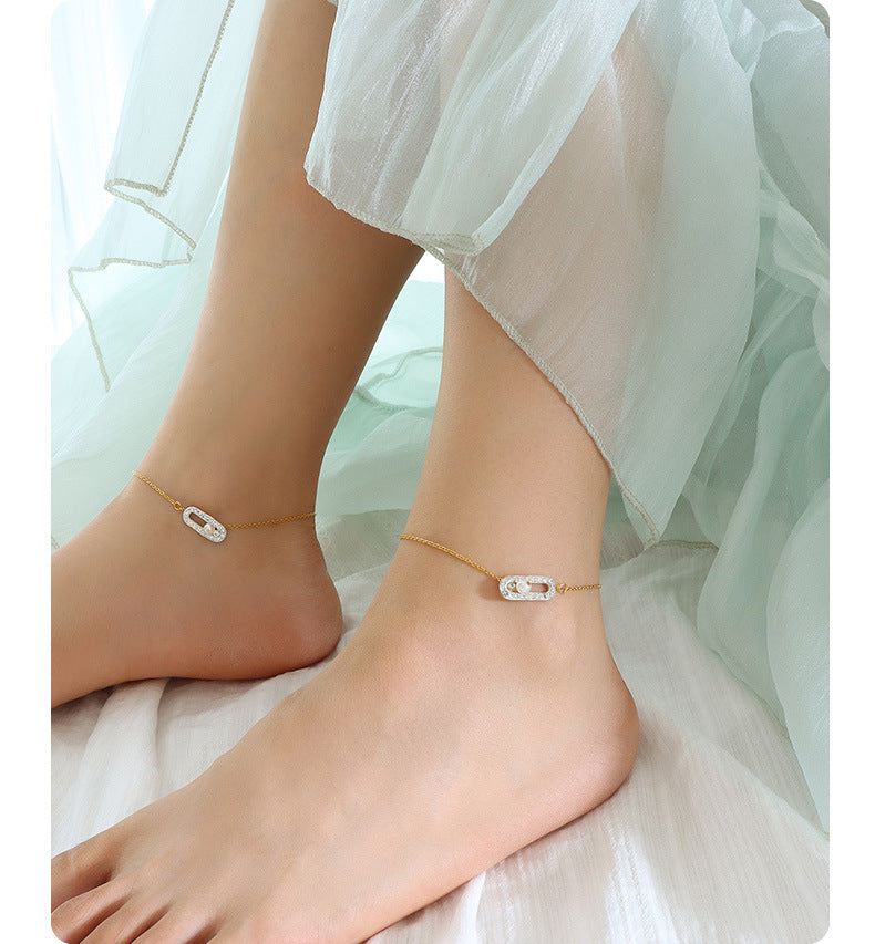 316L Stainless Steel 18K Gold PVD Zircon Faux Pearl Inlaid Light Luxury Anklet - Zircon Faux Pearl Inlaid, Light Luxury, Minimalist Wholesale Stainless Steel Jewelry - Sensitive Skin Friendly - Detail 3