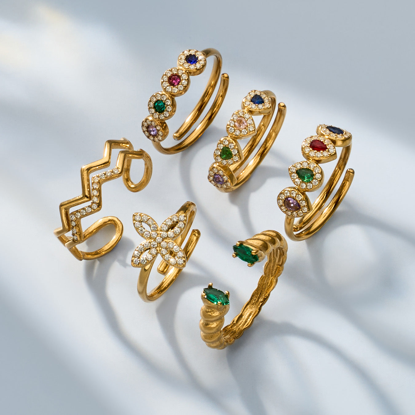316L Stainless Steel 18K Gold PVD Zircon & Glass Stone Rings - Heart-shaped Ring, Zircon Ring, Glass Stone Ring, Adjustable Ring, Plain Band Ring, Gold Tone, Steel Tone, Minimalist, Luxury Wholesale Stainless Steel Jewelry - Sensitive Skin Friendly - Detail 10