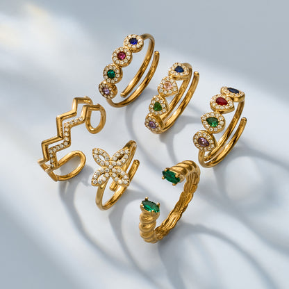 316L Stainless Steel 18K Gold PVD Zircon & Glass Stone Rings - Heart-shaped Ring, Zircon Ring, Glass Stone Ring, Adjustable Ring, Plain Band Ring, Gold Tone, Steel Tone, Minimalist, Luxury Wholesale Stainless Steel Jewelry - Sensitive Skin Friendly - Detail 10