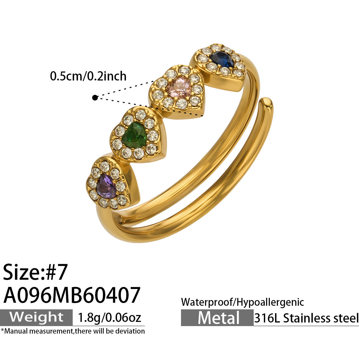 316L Stainless Steel 18K Gold PVD Zircon & Glass Stone Rings - Heart-shaped Ring, Zircon Ring, Glass Stone Ring, Adjustable Ring, Plain Band Ring, Gold Tone, Steel Tone, Minimalist, Luxury Wholesale Stainless Steel Jewelry - Sensitive Skin Friendly - Detail 14