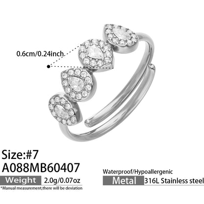 316L Stainless Steel 18K Gold PVD Zircon & Glass Stone Rings - Heart-shaped Ring, Zircon Ring, Glass Stone Ring, Adjustable Ring, Plain Band Ring, Gold Tone, Steel Tone, Minimalist, Luxury Wholesale Stainless Steel Jewelry - Sensitive Skin Friendly - Detail 17