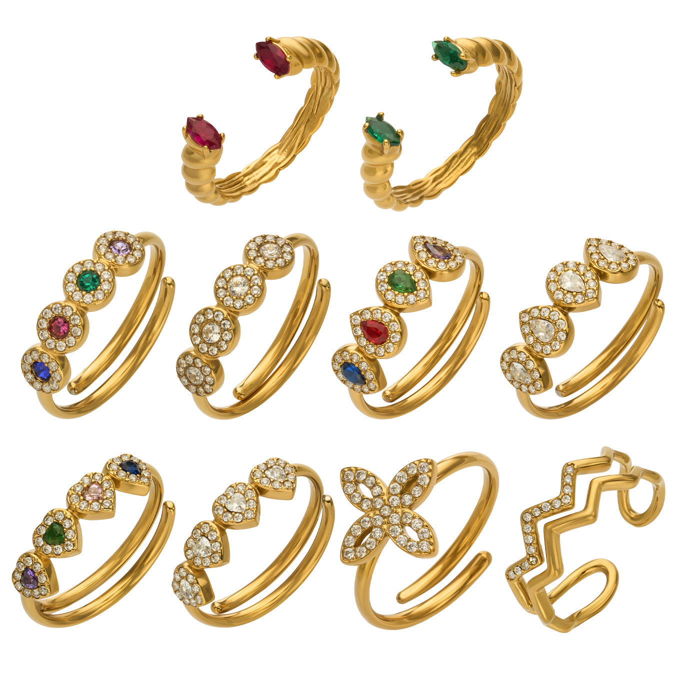 316L Stainless Steel 18K Gold PVD Zircon & Glass Stone Rings - Heart-shaped Ring, Zircon Ring, Glass Stone Ring, Adjustable Ring, Plain Band Ring, Gold Tone, Steel Tone, Minimalist, Luxury Wholesale Stainless Steel Jewelry - Sensitive Skin Friendly - Detail 18