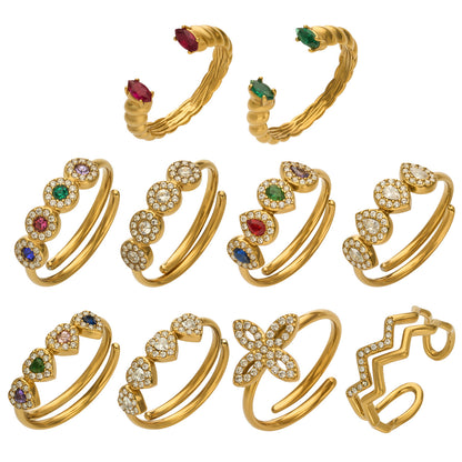 316L Stainless Steel 18K Gold PVD Zircon & Glass Stone Rings - Heart-shaped Ring, Zircon Ring, Glass Stone Ring, Adjustable Ring, Plain Band Ring, Gold Tone, Steel Tone, Minimalist, Luxury Wholesale Stainless Steel Jewelry - Sensitive Skin Friendly - Detail 18