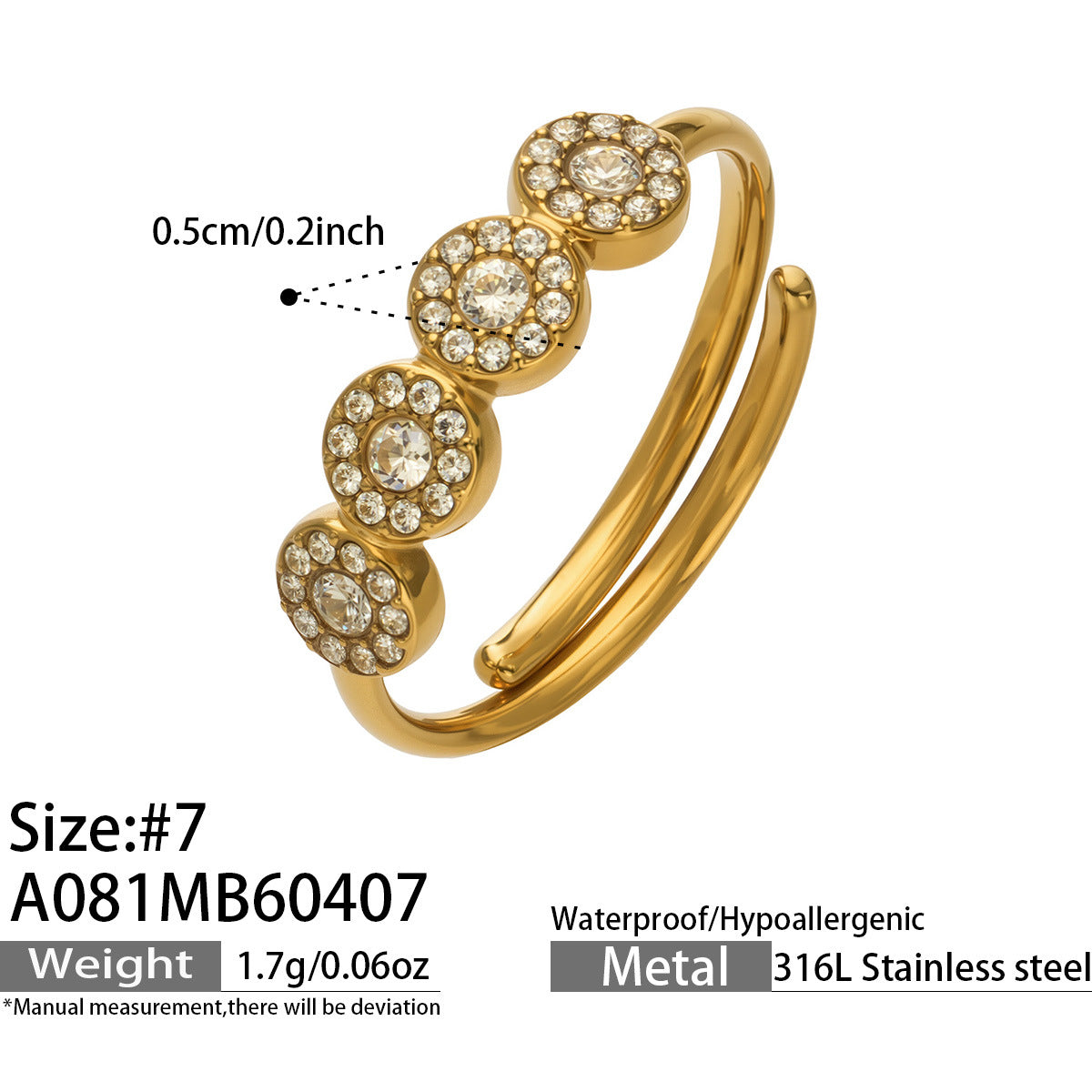 316L Stainless Steel 18K Gold PVD Zircon & Glass Stone Rings - Heart-shaped Ring, Zircon Ring, Glass Stone Ring, Adjustable Ring, Plain Band Ring, Gold Tone, Steel Tone, Minimalist, Luxury Wholesale Stainless Steel Jewelry - Sensitive Skin Friendly - Detail 2