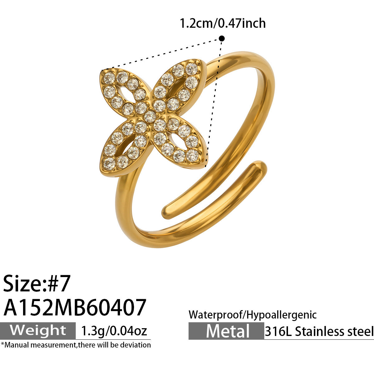 316L Stainless Steel 18K Gold PVD Zircon & Glass Stone Rings - Heart-shaped Ring, Zircon Ring, Glass Stone Ring, Adjustable Ring, Plain Band Ring, Gold Tone, Steel Tone, Minimalist, Luxury Wholesale Stainless Steel Jewelry - Sensitive Skin Friendly - Detail 20