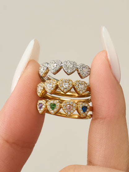 316L Stainless Steel 18K Gold PVD Zircon & Glass Stone Rings - Heart-shaped Ring, Zircon Ring, Glass Stone Ring, Adjustable Ring, Plain Band Ring, Gold Tone, Steel Tone, Minimalist, Luxury Wholesale Stainless Steel Jewelry - Sensitive Skin Friendly - Detail 21
