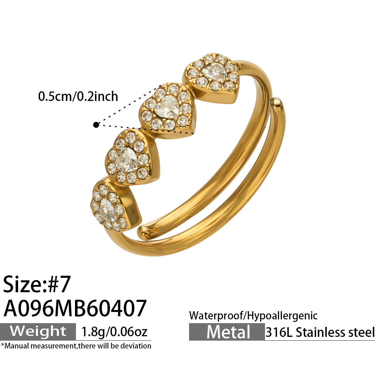 316L Stainless Steel 18K Gold PVD Zircon & Glass Stone Rings - Heart-shaped Ring, Zircon Ring, Glass Stone Ring, Adjustable Ring, Plain Band Ring, Gold Tone, Steel Tone, Minimalist, Luxury Wholesale Stainless Steel Jewelry - Sensitive Skin Friendly - Detail 23