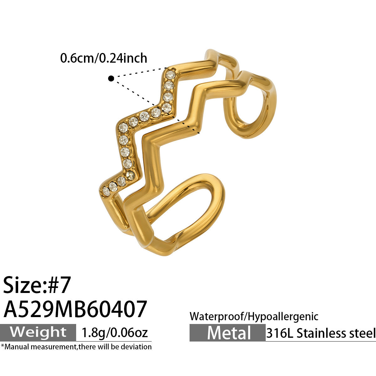 316L Stainless Steel 18K Gold PVD Zircon & Glass Stone Rings - Heart-shaped Ring, Zircon Ring, Glass Stone Ring, Adjustable Ring, Plain Band Ring, Gold Tone, Steel Tone, Minimalist, Luxury Wholesale Stainless Steel Jewelry - Sensitive Skin Friendly - Detail 29