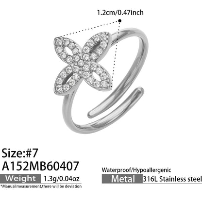 316L Stainless Steel 18K Gold PVD Zircon & Glass Stone Rings - Heart-shaped Ring, Zircon Ring, Glass Stone Ring, Adjustable Ring, Plain Band Ring, Gold Tone, Steel Tone, Minimalist, Luxury Wholesale Stainless Steel Jewelry - Sensitive Skin Friendly - Detail 3