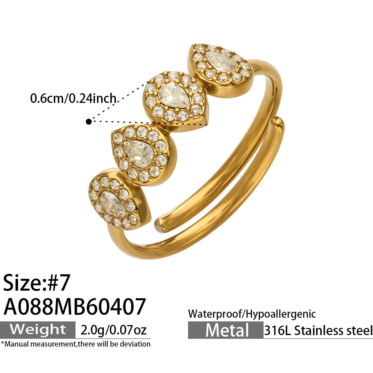 316L Stainless Steel 18K Gold PVD Zircon & Glass Stone Rings - Heart-shaped Ring, Zircon Ring, Glass Stone Ring, Adjustable Ring, Plain Band Ring, Gold Tone, Steel Tone, Minimalist, Luxury Wholesale Stainless Steel Jewelry - Sensitive Skin Friendly - Detail 30