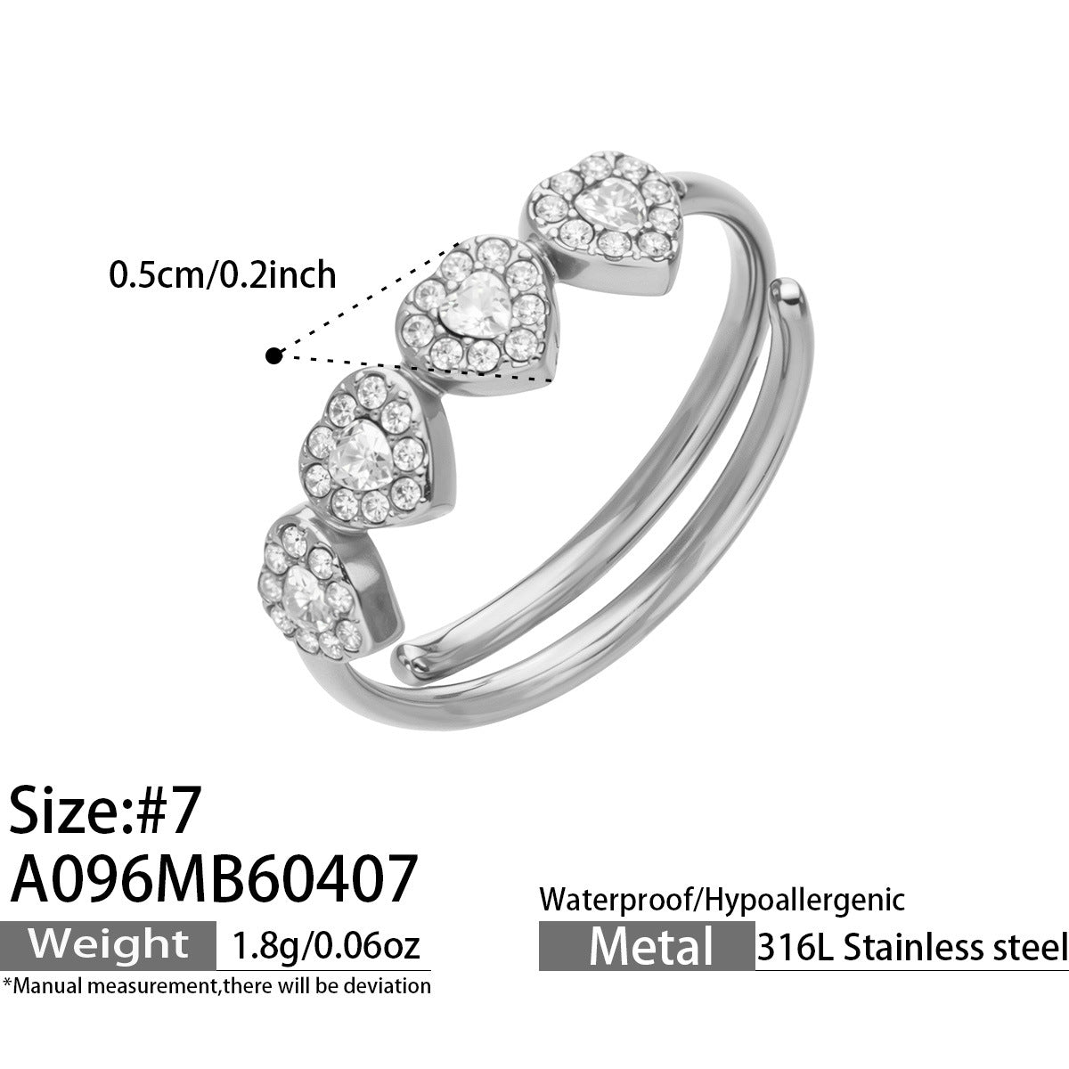 316L Stainless Steel 18K Gold PVD Zircon & Glass Stone Rings - Heart-shaped Ring, Zircon Ring, Glass Stone Ring, Adjustable Ring, Plain Band Ring, Gold Tone, Steel Tone, Minimalist, Luxury Wholesale Stainless Steel Jewelry - Sensitive Skin Friendly - Detail 31