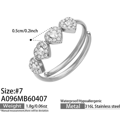316L Stainless Steel 18K Gold PVD Zircon & Glass Stone Rings - Heart-shaped Ring, Zircon Ring, Glass Stone Ring, Adjustable Ring, Plain Band Ring, Gold Tone, Steel Tone, Minimalist, Luxury Wholesale Stainless Steel Jewelry - Sensitive Skin Friendly - Detail 31