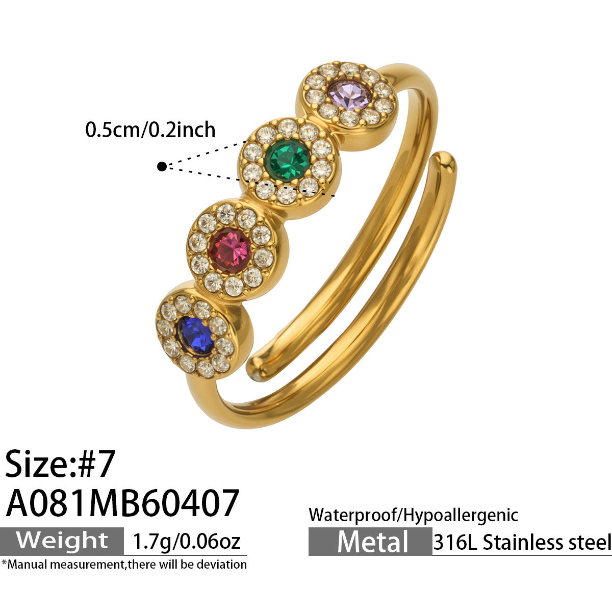 316L Stainless Steel 18K Gold PVD Zircon & Glass Stone Rings - Heart-shaped Ring, Zircon Ring, Glass Stone Ring, Adjustable Ring, Plain Band Ring, Gold Tone, Steel Tone, Minimalist, Luxury Wholesale Stainless Steel Jewelry - Sensitive Skin Friendly - Detail 32