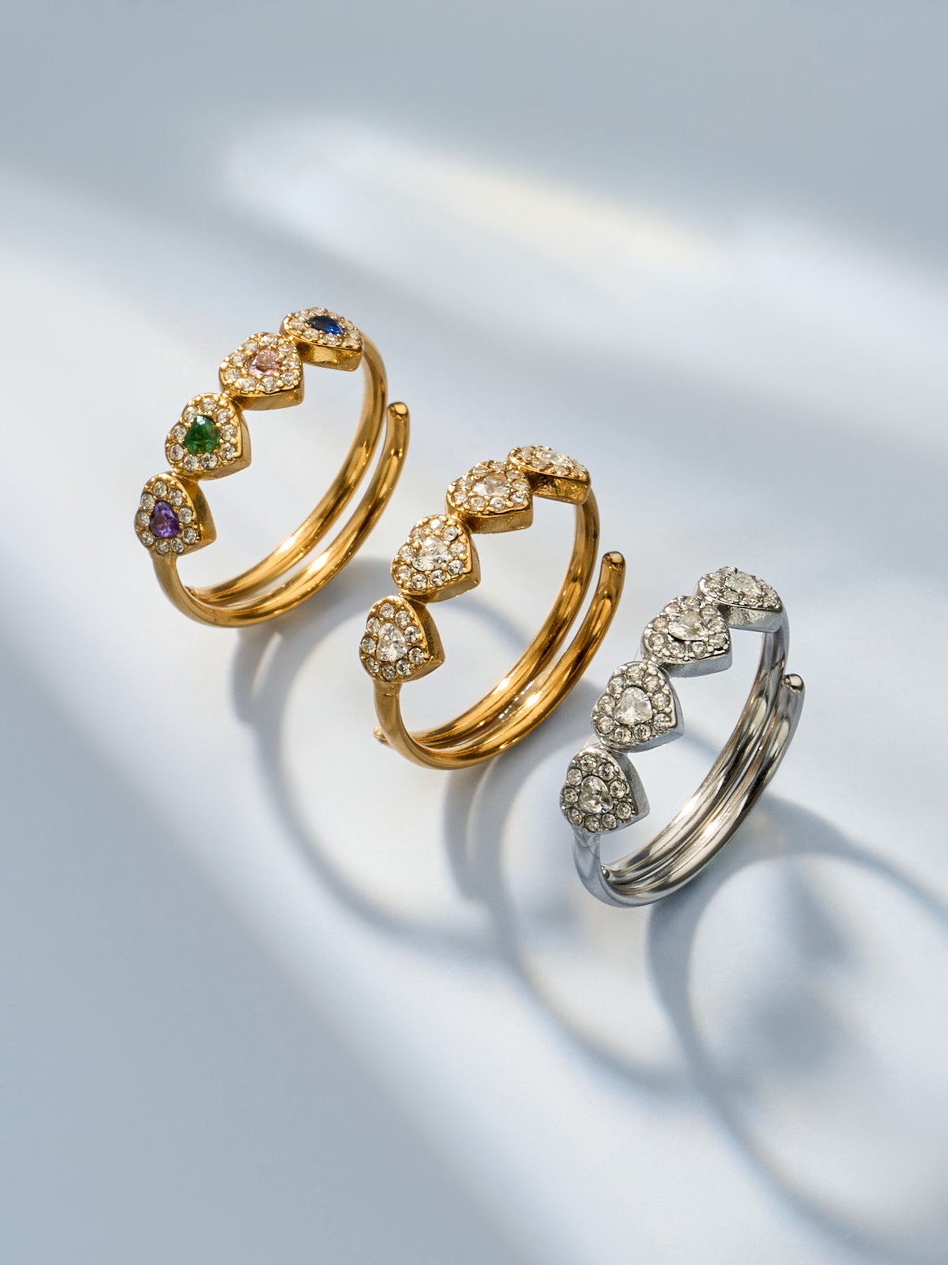316L Stainless Steel 18K Gold PVD Zircon & Glass Stone Rings - Heart-shaped Ring, Zircon Ring, Glass Stone Ring, Adjustable Ring, Plain Band Ring, Gold Tone, Steel Tone, Minimalist, Luxury Wholesale Stainless Steel Jewelry - Sensitive Skin Friendly - Detail 5