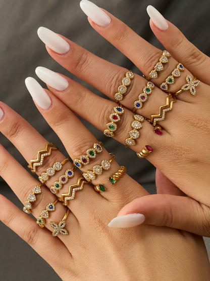 316L Stainless Steel 18K Gold PVD Zircon & Glass Stone Rings - Heart-shaped Ring, Zircon Ring, Glass Stone Ring, Adjustable Ring, Plain Band Ring, Gold Tone, Steel Tone, Minimalist, Luxury Wholesale Stainless Steel Jewelry - Sensitive Skin Friendly - Detail 7