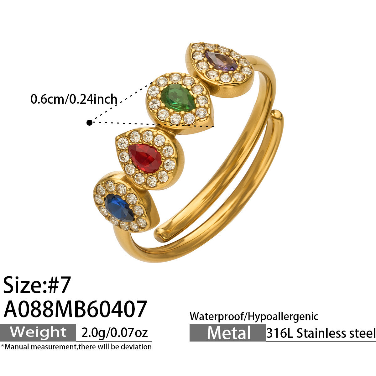 316L Stainless Steel 18K Gold PVD Zircon & Glass Stone Rings - Heart-shaped Ring, Zircon Ring, Glass Stone Ring, Adjustable Ring, Plain Band Ring, Gold Tone, Steel Tone, Minimalist, Luxury Wholesale Stainless Steel Jewelry - Sensitive Skin Friendly - Detail 8