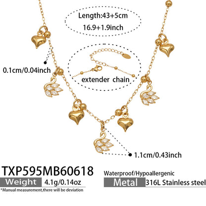 316L Stainless Steel 18K Gold PVD Zircon Heart Clover Pendant Necklace - Zircon Heart Clover Modern Pendant Wholesale Stainless Steel Jewelry - Sensitive Skin Friendly - Detail 11