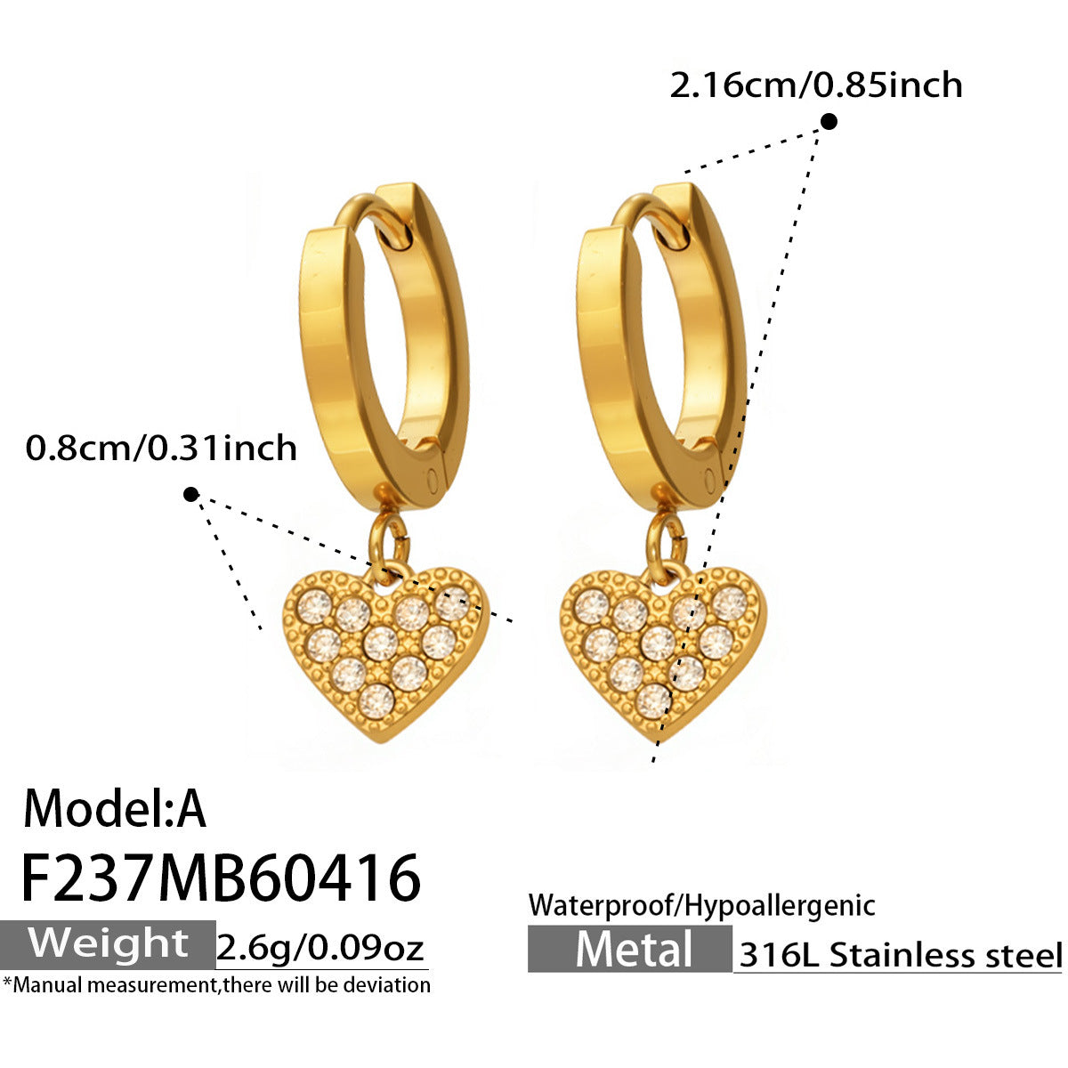 316L Stainless Steel 18K Gold PVD Zircon Heart Earrings - Heart, Zircon, Shiny, Versatile Wholesale Stainless Steel Jewelry - Sensitive Skin Friendly - Detail 1