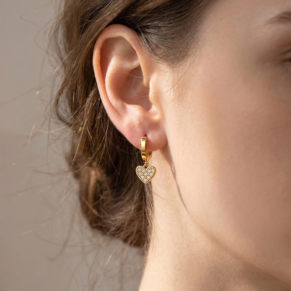 316L Stainless Steel 18K Gold PVD Zircon Heart Earrings - Heart, Zircon, Shiny, Versatile Wholesale Stainless Steel Jewelry - Sensitive Skin Friendly - Detail 12