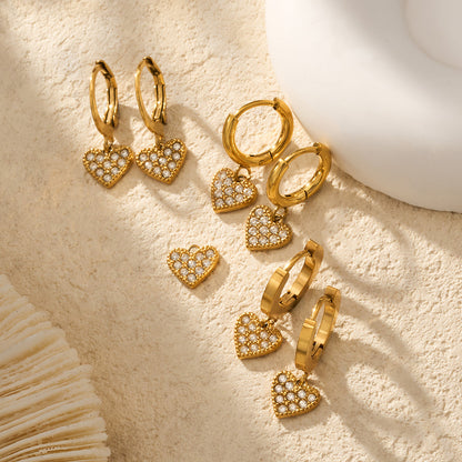 316L Stainless Steel 18K Gold PVD Zircon Heart Earrings - Heart, Zircon, Shiny, Versatile Wholesale Stainless Steel Jewelry - Sensitive Skin Friendly - Detail 13