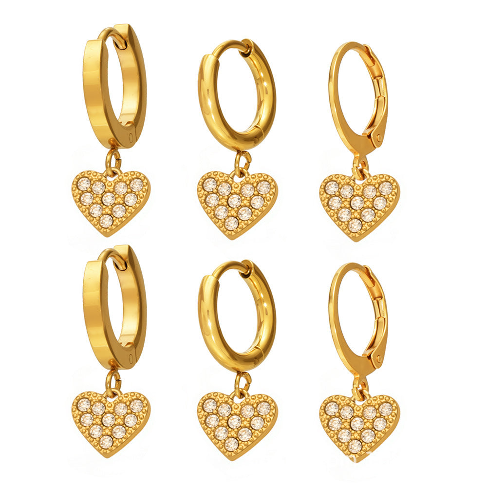 316L Stainless Steel 18K Gold PVD Zircon Heart Earrings - Heart, Zircon, Shiny, Versatile Wholesale Stainless Steel Jewelry - Sensitive Skin Friendly - Detail 14