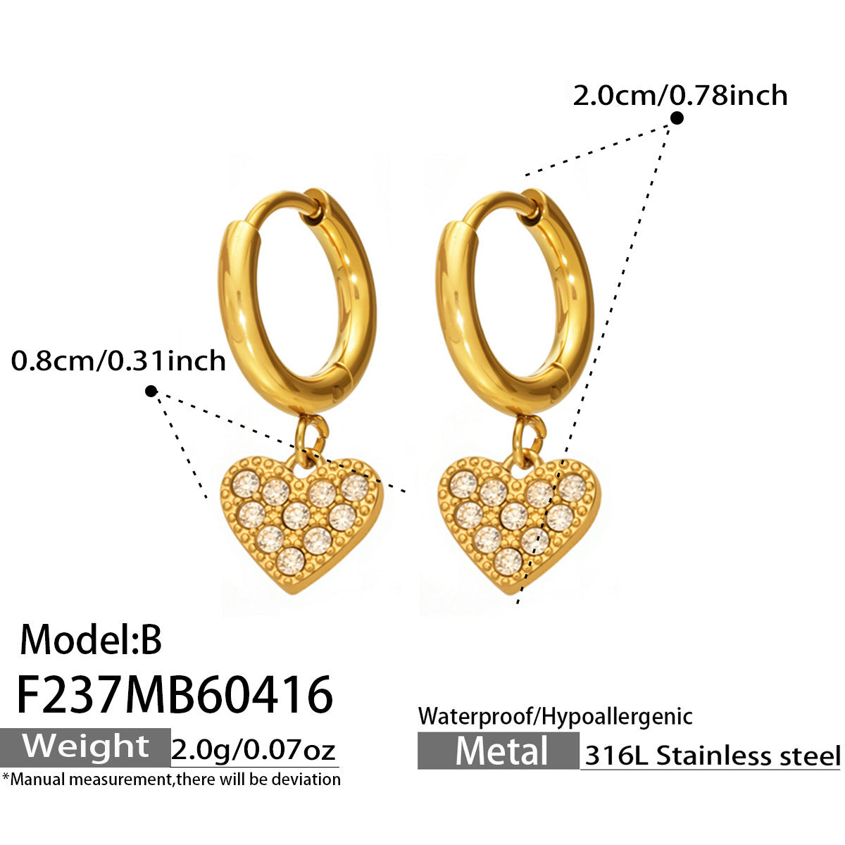 316L Stainless Steel 18K Gold PVD Zircon Heart Earrings - Heart, Zircon, Shiny, Versatile Wholesale Stainless Steel Jewelry - Sensitive Skin Friendly - Detail 2