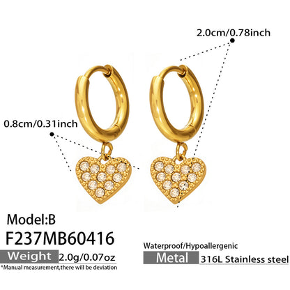 316L Stainless Steel 18K Gold PVD Zircon Heart Earrings - Heart, Zircon, Shiny, Versatile Wholesale Stainless Steel Jewelry - Sensitive Skin Friendly - Detail 2