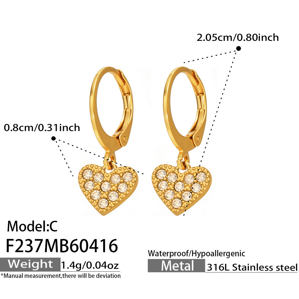 316L Stainless Steel 18K Gold PVD Zircon Heart Earrings - Heart, Zircon, Shiny, Versatile Wholesale Stainless Steel Jewelry - Sensitive Skin Friendly - Detail 3